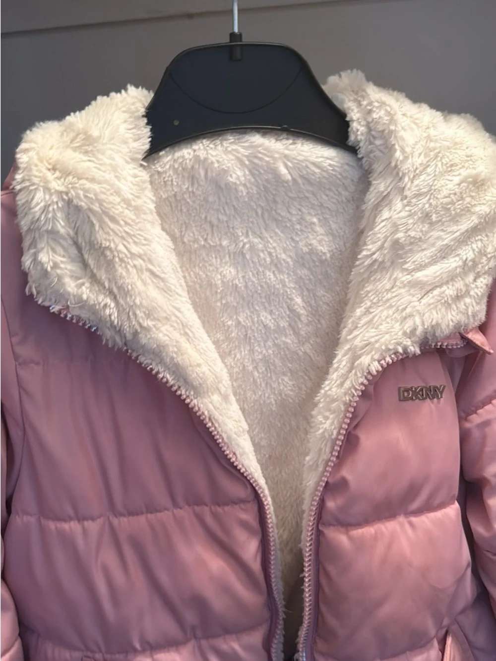 DKNY Girls Light Pink Quilted Puffer Jacket with Faux Fur Hood